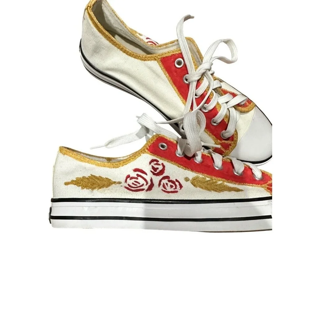 Hand-Painted‎ Canvas Sneakers With Floral Design Gold & Red Accents Lace-Up